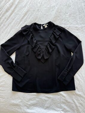 Black Long Sleeve Blouse With Ruffle Detail